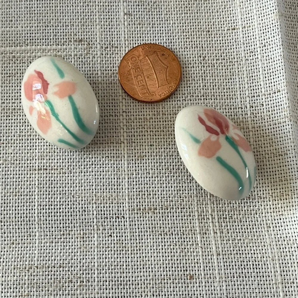 Iris ceramic oval clip on Earrings on Porcelain flower earrings..